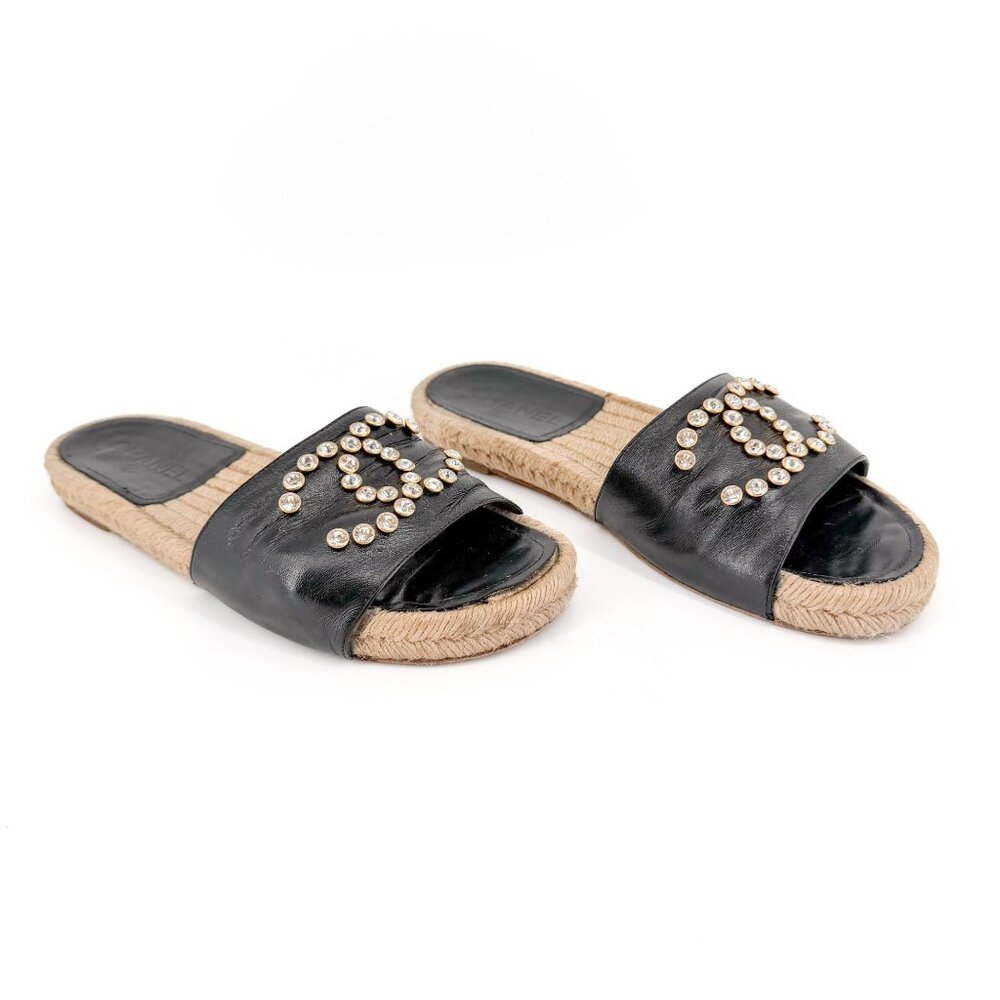 Chanel CC Crystal Espadrille Slide Sandals Black Leather Size 38 US 7-7.5 Women